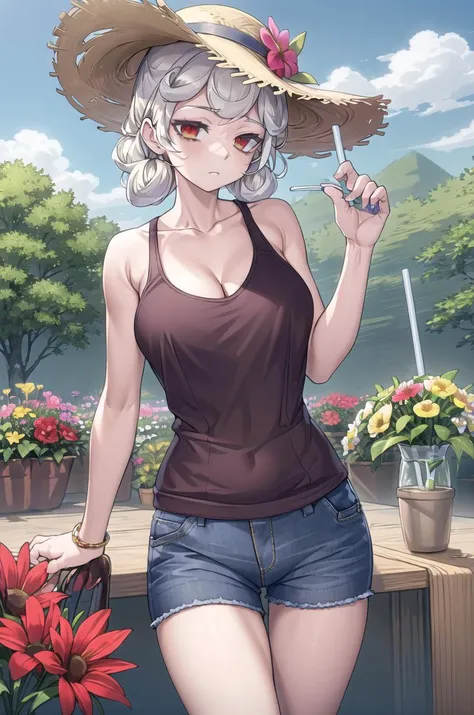masterpiece, best quality, tank top, jeans shorts, straw hat, garden, flowers, hoe in hand, <lora:Pandemonika_2:0.7>
