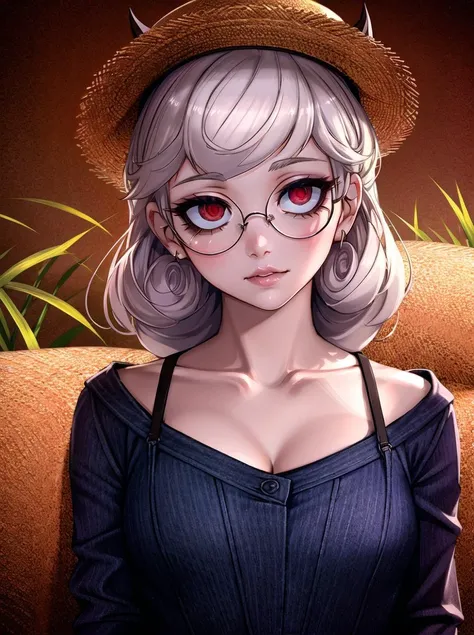 tank top, jeans shorts, straw hat, garden, flowers, <lora:pandemonikaFrom_1Ext:0.6>, highres, superb, 8k wallpaper, extremely detailed, intricate, soft lighting, 4k, smooth lighting, 8k, depth of field, masterpiece, smooth focus, hyper detailed, detailed eyes, eyes focus, (mid shot1.25), (portrait:1.25), (solo:1.2), (beautiful face:1.15), (nixeu_soft:0.7), (nixeu_white:0.7) , glasses, demon horns, ((red eyes))