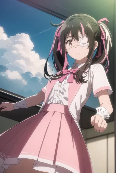 (1) 電車のLongに一人で座っている,Sit with your legs apart,Showing white panties, Composition from the front,Low - Angle,
(2) I'm a high school student., She is wearing a uniform consisting of a miniskirt, sailor suit and loose socks.,
(3) I have medium length brown hair,
(4) The expression is provocative and smirking.,
(5) Long,There are no other customers,The view outside the window is the night view of the city