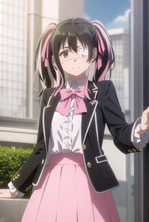 yuisaikawa, <lora:yui saikawa s1-lora-nochekaiser:1>,
yui saikawa, bangs, black hair, ribbon, twintails, (brown eyes:1.5), hair ribbon, pink hair, white hair, multicolored hair, two-tone hair, streaked hair, (eyepatch:1.5), medical eyepatch, smile,
BREAK shirt, white shirt, neck ribbon, center frills, skirt, pink skirt,
BREAK outdoors,
BREAK looking at viewer, dynamic pose, cowboy shot,
BREAK <lyco:GoodHands-beta2:1>, (masterpiece:1.2), best quality, high resolution, unity 8k wallpaper, (illustration:0.8), (beautiful detailed eyes:1.6), extremely detailed face, perfect lighting, extremely detailed CG, (perfect hands, perfect anatomy),