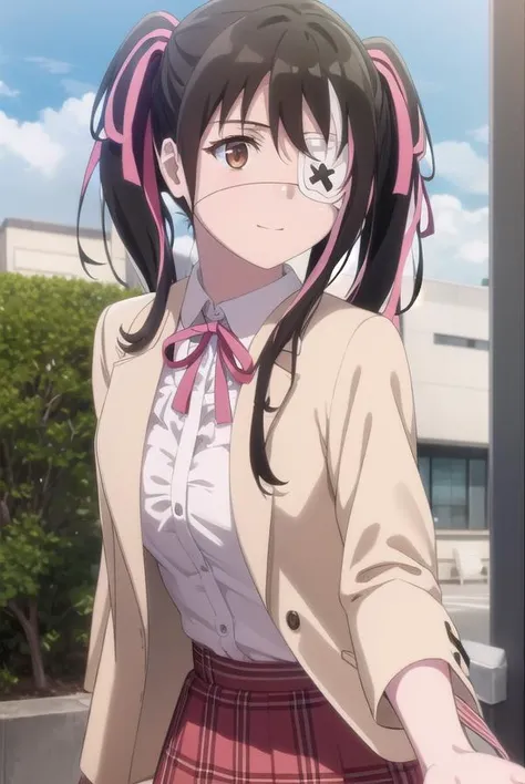 yuisaikawa, <lora:yui saikawa s1-lora-nochekaiser:1>,
yui saikawa, bangs, black hair, ribbon, twintails, (brown eyes:1.5), hair ribbon, pink hair, white hair, multicolored hair, two-tone hair, streaked hair, (eyepatch:1.5), medical eyepatch, smile,
BREAK shirt, white shirt, neck ribbon, center frills, skirt, pink skirt,
BREAK outdoors,
BREAK looking at viewer, dynamic pose, cowboy shot,
BREAK <lyco:GoodHands-beta2:1>, (masterpiece:1.2), best quality, high resolution, unity 8k wallpaper, (illustration:0.8), (beautiful detailed eyes:1.6), extremely detailed face, perfect lighting, extremely detailed CG, (perfect hands, perfect anatomy),