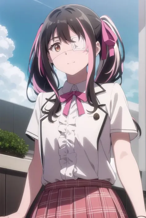 yuisaikawa, <lora:yui saikawa s1-lora-nochekaiser:1>,
yui saikawa, bangs, black hair, ribbon, twintails, (brown eyes:1.5), hair ribbon, pink hair, white hair, multicolored hair, two-tone hair, streaked hair, (eyepatch:1.5), medical eyepatch, smile,
BREAK shirt, white shirt, neck ribbon, center frills, skirt, pink skirt,
BREAK outdoors,
BREAK looking at viewer, dynamic pose, cowboy shot,
BREAK <lyco:GoodHands-beta2:1>, (masterpiece:1.2), best quality, high resolution, unity 8k wallpaper, (illustration:0.8), (beautiful detailed eyes:1.6), extremely detailed face, perfect lighting, extremely detailed CG, (perfect hands, perfect anatomy),
