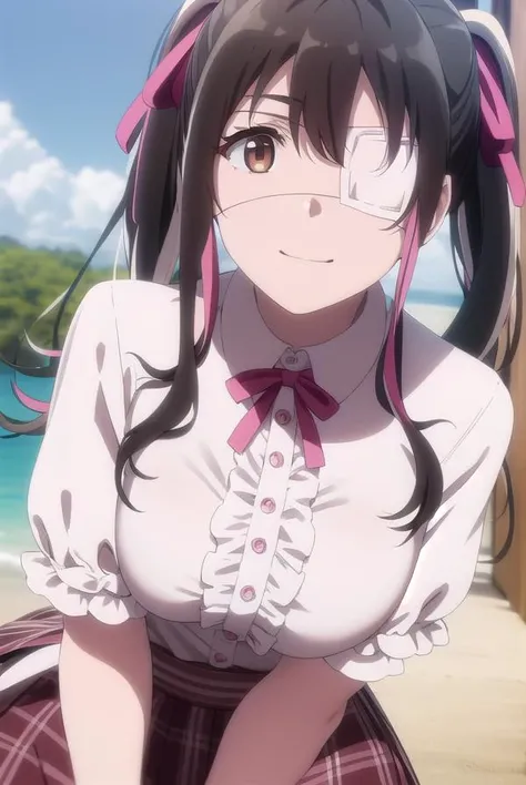 yuisaikawa, <lora:yui saikawa s1-lora-nochekaiser:1>,
yui saikawa, bangs, black hair, ribbon, twintails, (brown eyes:1.5), hair ribbon, pink hair, white hair, multicolored hair, two-tone hair, streaked hair, (eyepatch:1.5), medical eyepatch, smile,
BREAK shirt, white shirt, neck ribbon, center frills, skirt, pink skirt,
BREAK outdoors,
BREAK looking at viewer, dynamic pose, cowboy shot,
BREAK <lyco:GoodHands-beta2:1>, (masterpiece:1.2), best quality, high resolution, unity 8k wallpaper, (illustration:0.8), (beautiful detailed eyes:1.6), extremely detailed face, perfect lighting, extremely detailed CG, (perfect hands, perfect anatomy),