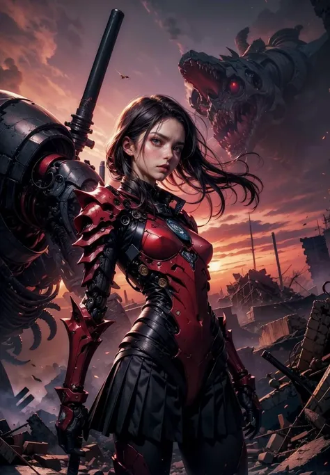 1girl + monster, (school uniform), (a girl ready to fight a giant mechanical monster), a city in ruins, black hair, holding sword, lycoris flower, ready for battle, fight to the death, (red, black), darkness, red sky, demon, abyssal, complicated background <lora:biomanic:0.7>