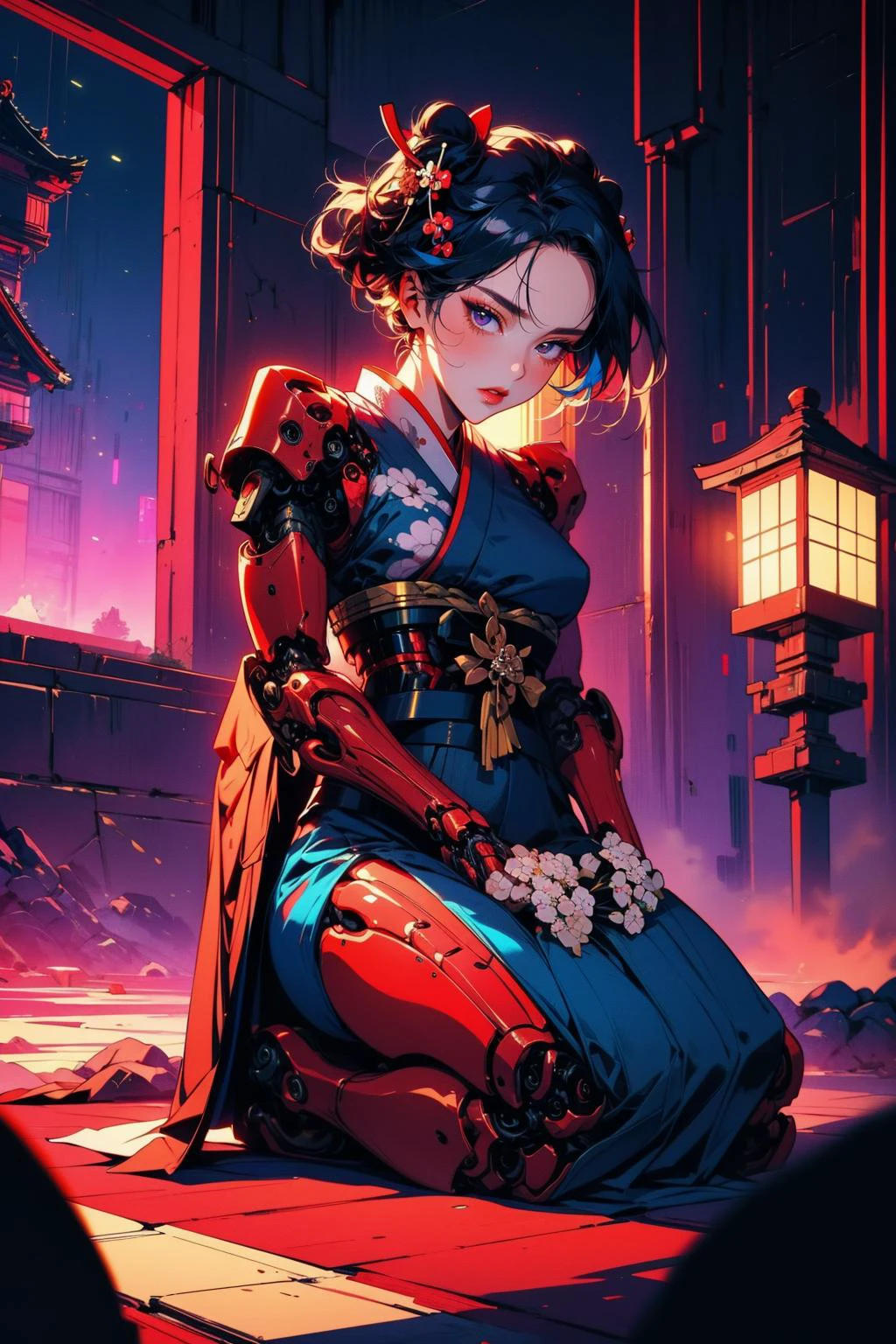 (masterpiece:1.4), (intricate:1.2), (detailed:1.2), (vibrant colors:1.2), BREAK,
(cyberpunk:1.0), (science fiction:1.0), (synthwave:1.0), BREAK,
(female cyborg:1.2), (solo:1.2), (geisha:1.3), (traditional japanese clothes:1.2), (seiza:1.1), (submissive:1.0), (mechanical limbs:1.2), <lora:biomanic:0.8> ,
(futuristic:1.0), (brothel:1.0), (luxurious:1.0), (neon:1.0)