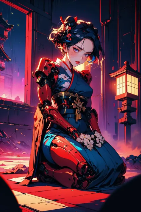 (masterpiece:1.4), (intricate:1.2), (detailed:1.2), (vibrant colors:1.2), BREAK,
(cyberpunk:1.0), (science fiction:1.0), (synthwave:1.0),  BREAK,
(female cyborg:1.2), (solo:1.2), (geisha:1.3), (traditional japanese clothes:1.2), (seiza:1.1), (submissive:1.0), (mechanical limbs:1.2), <lora:biomanic:0.8> ,
(futuristic:1.0), (brothel:1.0), (luxurious:1.0), (neon:1.0)