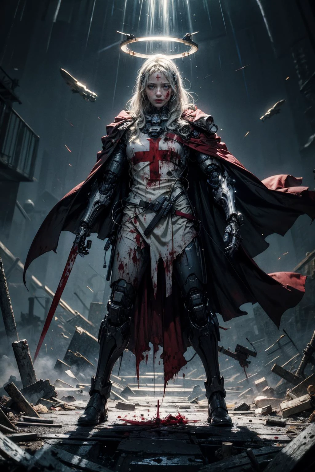 (masterpiece:1.4), (intricate:1.2), (detailed:1.2), (vibrant colors:1.2), BREAK,
(science fiction:1.0), (horror:1.2), (eerie:1.0), (radiant light rays:1.0), (full body:1.0), (dynamic pose:1.2), BREAK,
(1girl:1.4), (cyborg:1.2), (long silverhair:1.0), (white tunic:1.2), (red cross on chest:1.2), (cloak:1.0), <lora:templar:0.8> , (mechanical parts:1.2), <lora:biomanic:0.6> , (blood:1.3), (halo:1.1), (torn clothes:1.0), (fighting:1.2), (holy sword:1.0), BREAK,
(night:1.2), (enemies:1.2), (unholy creatures:1.2)