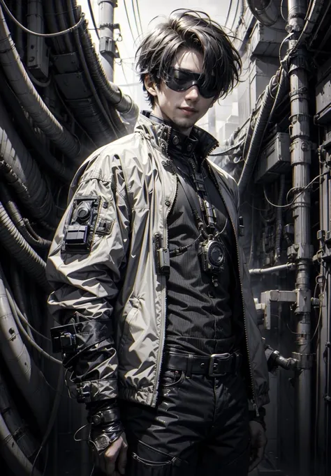 solo, looking at viewer, smile, short hair, long sleeves, 1boy, closed mouth, standing, jacket, monochrome, upper body, greyscale, male focus, cowboy shot, pants, facing viewer, high collar, blindfold, cable, covered eyes, gojou satoru <lora:biomanic:1>