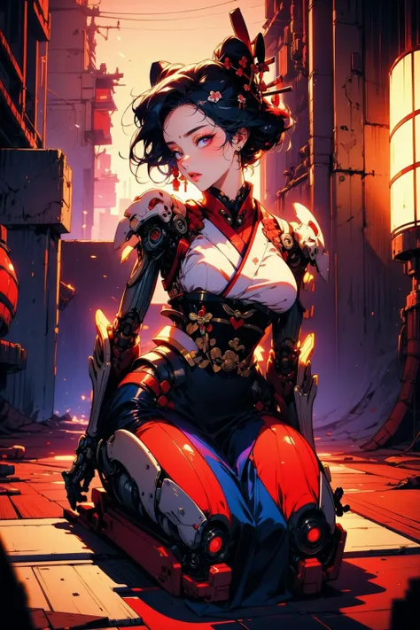 (masterpiece:1.4), (intricate:1.2), (detailed:1.2), (vibrant colors:1.2), BREAK,
(cyberpunk:1.0), (science fiction:1.0), (synthwave:1.0), BREAK,
(female cyborg:1.2), (solo:1.2), (geisha:1.3), (traditional japanese clothes:1.2), (seiza:1.1), (submissive:1.0), (mechanical limbs:1.2), <lora:biomanic:0.8> ,
(futuristic:1.0), (brothel:1.0), (luxurious:1.0), (neon:1.0)