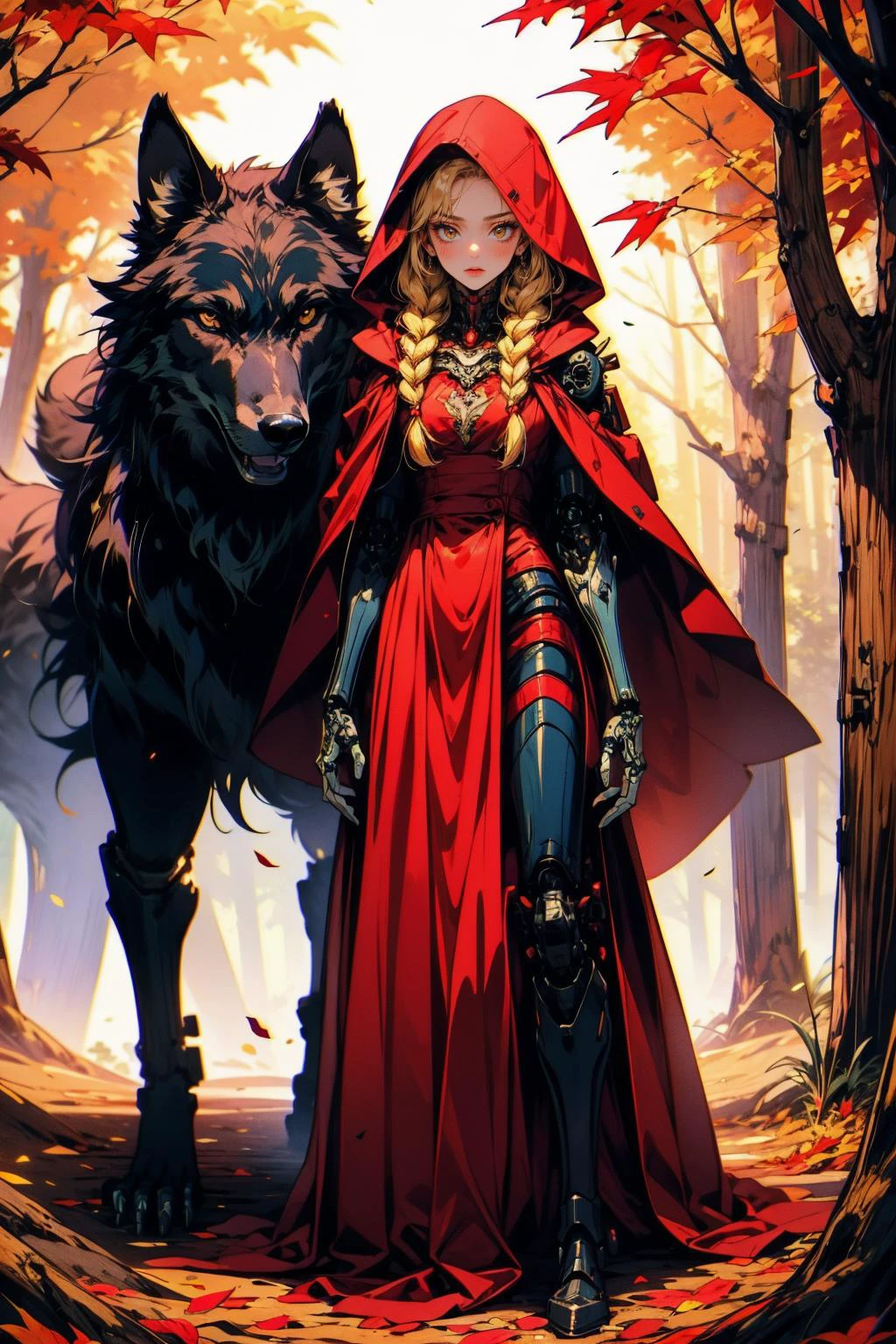 (masterpiece:1.4), (intricate:1.2), (detailed:1.2), (vibrant colors:1.2), BREAK,
(science fiction:1.2), (full body:1.0), BREAK,
(cyborg young girl next to a black wolf:1.2), (red riding hood:1.2), (mechanical limbs:1.2), (red dress:1.0), (twin blonde braids:1.0), <lora:biomanic:0.9>, BREAK,
(forest:1.2), (autumn leaves:1.0),