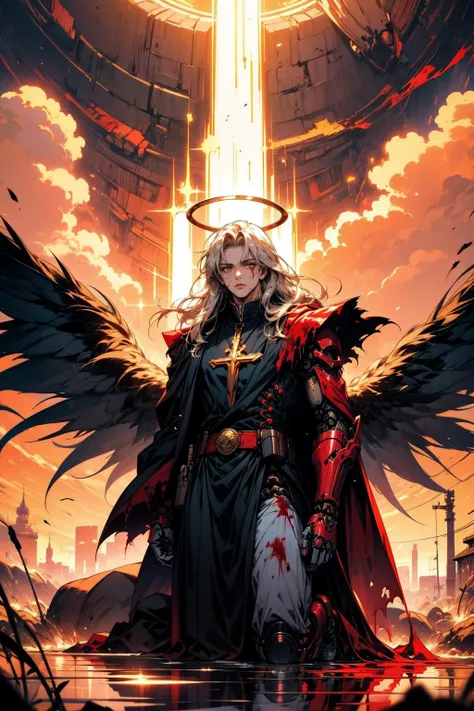 (masterpiece:1.1), (best quality:1.1), (vibrant colors:1.2), BREAK,
(dark fantasy:1.0), (epic:1.0), (cinematic:1.0), (horror:1.0), (gloomy:1.0), (radiant light rays:1.0), BREAK,
(full body:1.0), (solo:1.2), (1boy:1.2), (rugged man:1.2), (priest:1.0), (priest robe:1.0), (mechanical limbs:1.1), (biomechanical:1.1), (halo:1.0), (feathered wings:1.0), (blood:1.2), (beard:1.0), (long hair:1.0), (torn clothes:1.0), <lora:biomanic:0.8>, BREAK,
(outdoors:1.0), (field of battle:1.0), (armies:1.0), (cloudy:1.0)