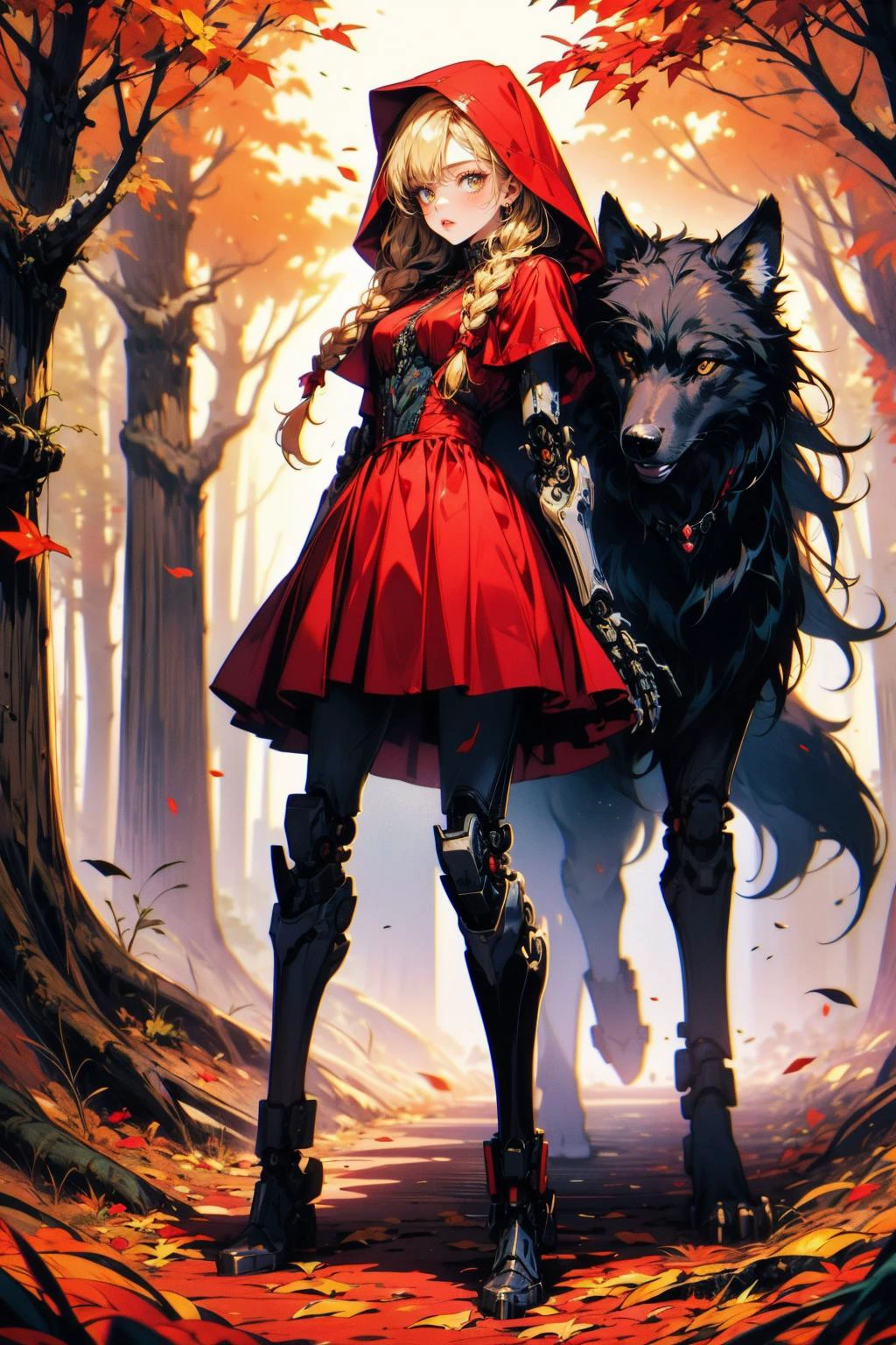(masterpiece:1.4), (intricate:1.2), (detailed:1.2), (vibrant colors:1.2), BREAK,
(science fiction:1.2), (full body:1.0), BREAK,
(cyborg young girl next to a black wolf:1.2), (red riding hood:1.2), (mechanical limbs:1.2), (red dress:1.0), (twin blonde braids:1.0), <lora:biomanic:0.9>, BREAK,
(forest:1.2), (autumn leaves:1.0),