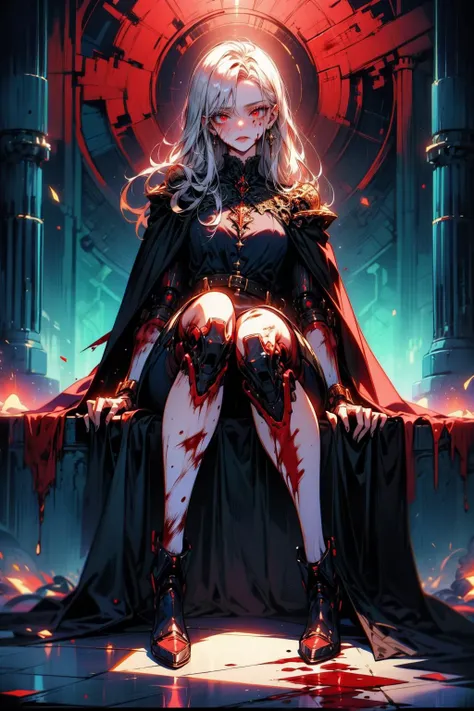 (masterpiece:1.4), (intricate:1.2), (detailed:1.2), (vibrant colors:1.2), BREAK,
(science fiction:1.0), (full body:1.0), BREAK,
(goth girl:1.1), (solo:1.4), (sitting:1.0), (cape:1.0), (white long hair:1.0), (red eyes:1.0), (mechanical limbs:1.0), (blood:1.0), (injury:1.0), (blood on face:1.0), (earring:1.0), <lora:Goth_girl-v2:0.8>, <lora:biomanic:0.8>