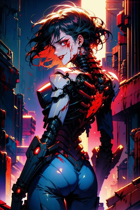 (masterpiece:1.4), (intricate:1.2), (detailed:1.2), (vibrant colors:1.2), BREAK,
(science fiction:1.2), (cyberpunk:1.2), (cowboy shot:1.2), (from behind:1.2), (looking back:1.0), (horror:1.2), (glowing red:1.0), BREAK,
(female cyborg:1.2), (solo:1.2), (mechanical spine:1.2), (mechanical body:1.2), (red eyes:1.0), (dangerous:1.0), (evil look:1.2), (evil smirk:1.2), (sinister:1.2), (blood:1.4), (black hair:1.0), (mechabare:1.2), <lora:biomanic:1.2>