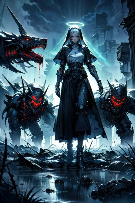 (masterpiece:1.4), (intricate:1.2), (detailed:1.2), (vibrant colors:1.2), BREAK,
(dark fantasy:1.2), (science fiction:1.0), (cyberpunk:1.0), (full body:1.0), (god rays:1.1), (black and blue theme:1.2), BREAK,
(nun:1.2), (mechanical limbs:1.2), (halo:1.0), (wounds:1.0), (scars:1.0), (covered in blood:1.2), (exhausted:1.1), (faltering:1.1), (overwhelmed:1.1), (defeated:1.1), (hopeless:1.1), (surrounded by unholy monsters:1.2), <lora:biomanic:0.8>BREAK,
(outdoors:1.2), (night:1.2), (darkness:1.2), (eerie:1.2), (war:1.0), (battleground:1.2), (dark clouds:1.1)