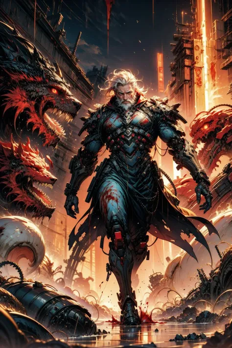 (masterpiece:1.1), (best quality:1.1), (intricate:1.1), (detailed:1.1), (ornate:1.1), (vibrant colors:1.1), BREAK,
(science fiction:1.0), (cyberpunk:1.0), (neon:1.0), (red and black theme:1.1), BREAK,
(full body:1.0), (solo.1.2), (rugged old man:1.1), (short hair:1.0), (white beard:1.0), (mecha:1.0), (mechanical parts:1.0), (marching:1.0), (holding a sword:1.0), (scars:1.1), (wounds:1.0), (covered in blood:1.4), <lora:biomanic:1.0>, BREAK,
(night:1.0), (outdoors:1.0), (futuristic city:1.0), (sparks:1.0), (explosions:1.0), (debris:1.0), (heavy rain:1.0), (wet ground:1.0), (storm clouds:1.0), (lightning:1.0)
