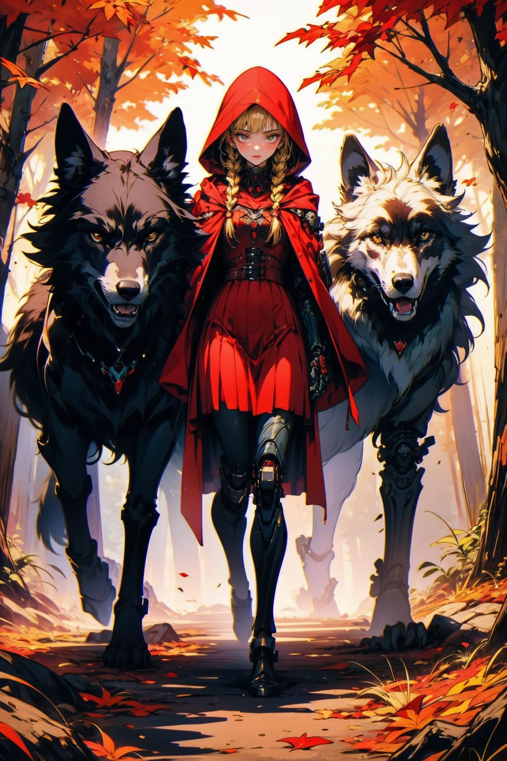 (masterpiece:1.4), (intricate:1.2), (detailed:1.2), (vibrant colors:1.2), BREAK,
(science fiction:1.2), (full body:1.0), BREAK,
(cyborg young girl next to a black wolf:1.2), (red riding hood:1.2), (mechanical limbs:1.2), (red dress:1.0), (twin blonde braids:1.0), <lora:biomanic:0.9>, BREAK,
(forest:1.2), (autumn leaves:1.0),