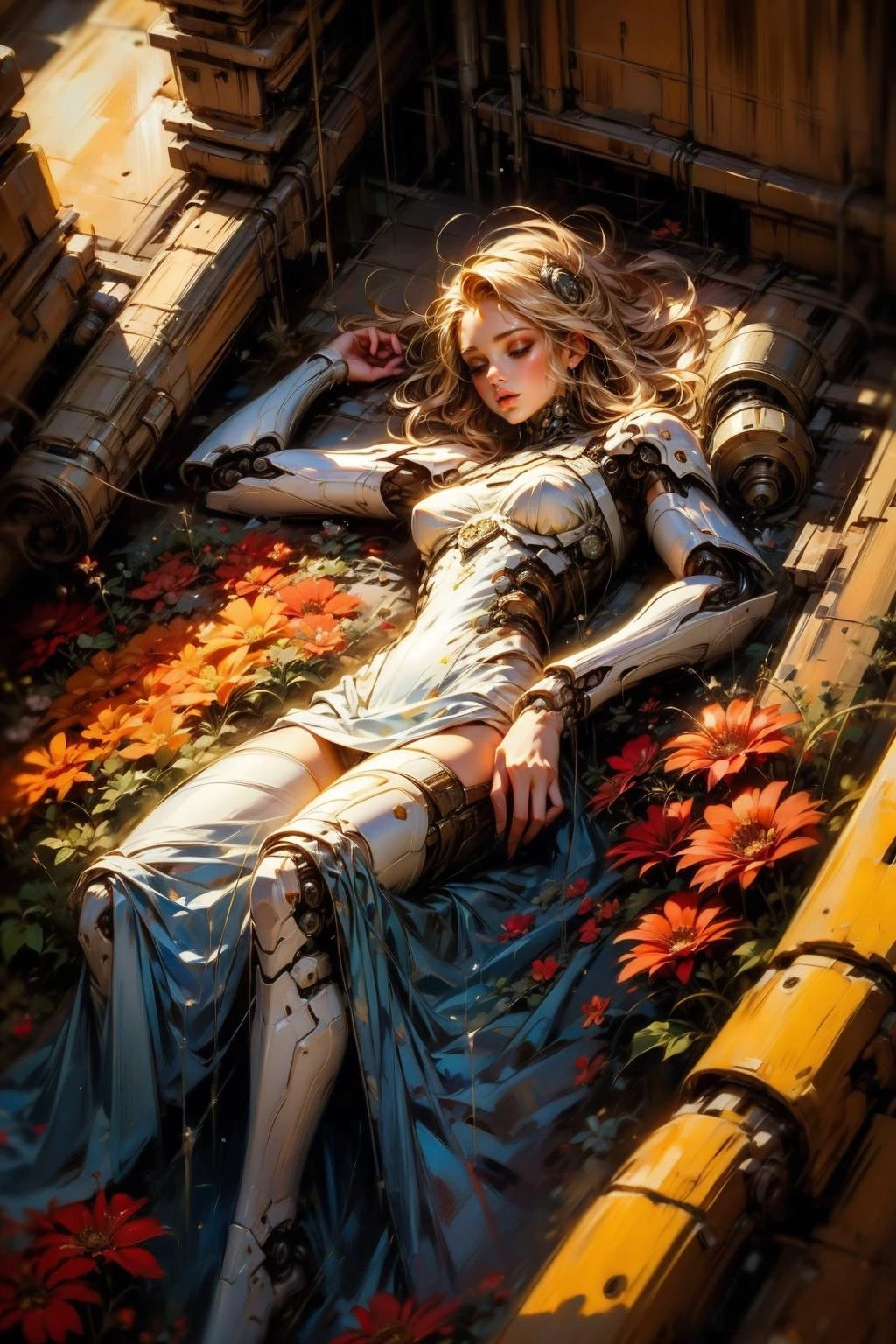 (masterpiece:1.1), (best quality:1.1), (vibrant colors:1.2), BREAK,
(from above:1.0), <lora:DWM_painting:0.7>, BREAK,
(solo:1.2), (1girl:1.2), (lying down:1.0), (velvet dress:1.0), (satin dress:1.0), (torn clothes:1.0), (mechanical limbs:1.1), (cyborg:1.0), (closed eyes:1.0), (sleeping:1.0), <lora:biomanic:0.8>, BREAK,
(flowers:1.1) , (wet floor:1.0), (machinery:1.0)