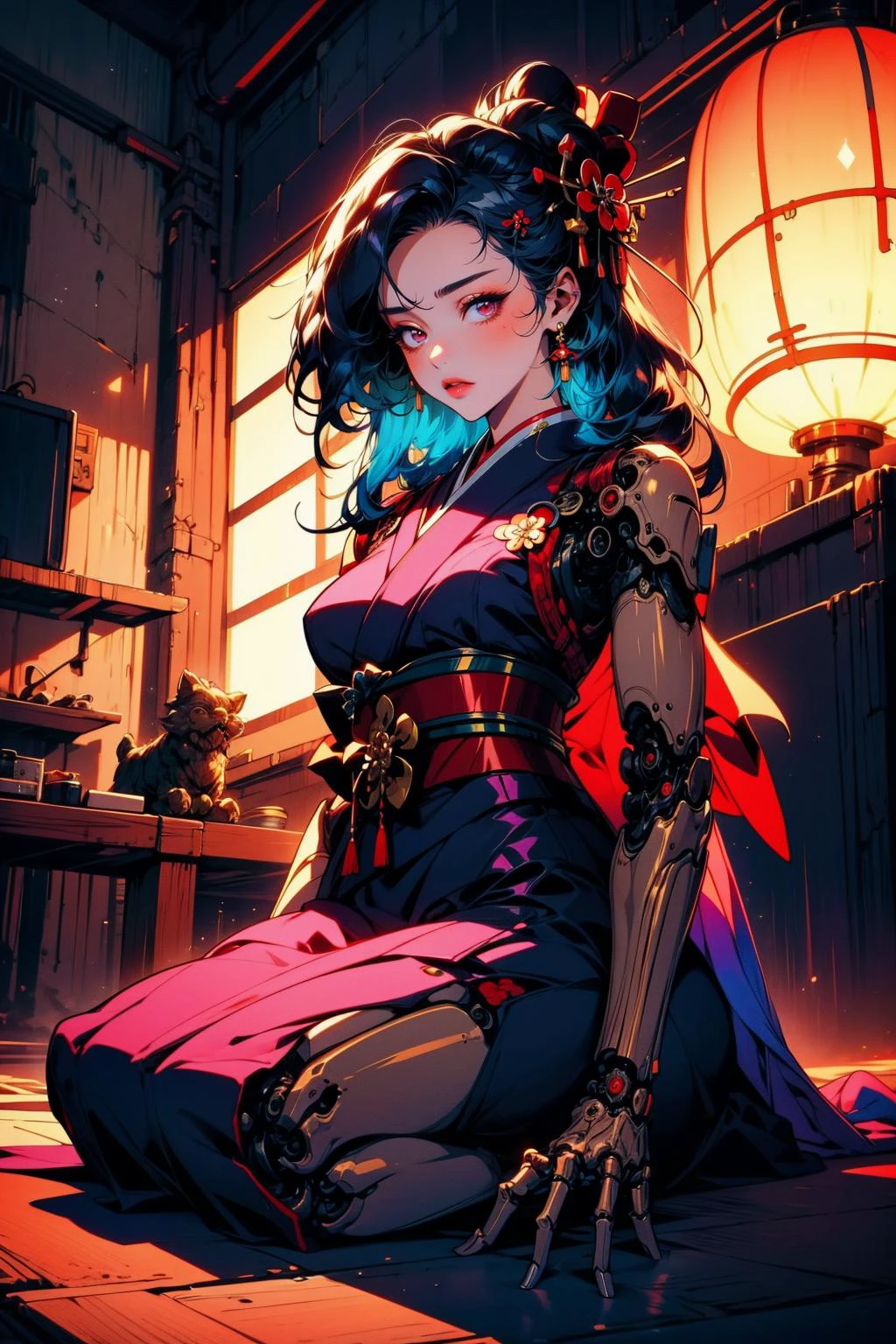 (masterpiece:1.4), (intricate:1.2), (detailed:1.2), (vibrant colors:1.2), BREAK,
(cyberpunk:1.0), (science fiction:1.0), (synthwave:1.0), BREAK,
(female cyborg:1.2), (solo:1.2), (geisha:1.3), (traditional japanese clothes:1.2), (seiza:1.1), (submissive:1.0), (mechanical limbs:1.2), <lora:biomanic:0.8> ,
(futuristic:1.0), (brothel:1.0), (luxurious:1.0), (neon:1.0)