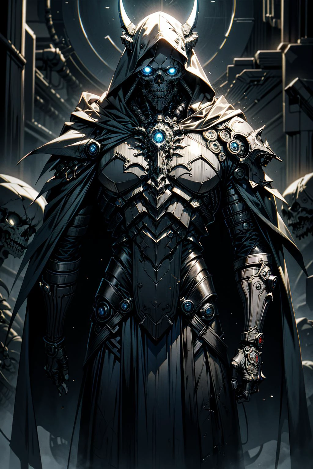(masterpiece:1.1), (intricate:1.1), (detailed:1.1), (ornate:1.1), BREAK,
(science fiction:1.1), (biopunk:1.1), (horror:1.1), (dark:1.1), (blue theme:1.2), (glowing:1.0), BREAK,
(1boy:1.0), (cyborg:1.1), (skull face:1.0), (hood:1.1), (cape:1.0), (mechanical limbs:1.1), (horns:1.0), (wide shoulders:1.0), (strong:1.0), (muscled:1.0), <lora:biomanic:0.8> , BREAK,
(miasma:1.0), (ghastly:1.0), (grim:1.1),