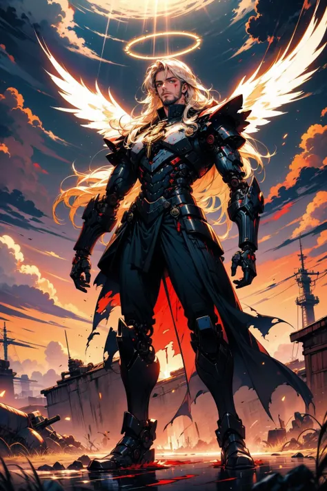 (masterpiece:1.1), (best quality:1.1), (vibrant colors:1.2), BREAK,
(dark fantasy:1.0), (epic:1.0), (cinematic:1.0), (horror:1.0), (gloomy:1.0), (radiant light rays:1.0), BREAK,
(full body:1.0), (solo:1.2), (1boy:1.2), (rugged man:1.2), (priest:1.0), (priest robe:1.0), (mechanical limbs:1.1), (biomechanical:1.1), (halo:1.0), (feathered wings:1.0), (blood:1.2), (beard:1.0), (long hair:1.0), (torn clothes:1.0), <lora:biomanic:0.8>, BREAK,
(outdoors:1.0), (field of battle:1.0), (armies:1.0), (cloudy:1.0)