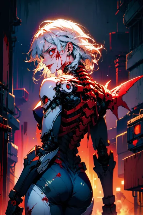 (masterpiece:1.4), (intricate:1.2), (detailed:1.2), (vibrant colors:1.2), BREAK,
(science fiction:1.2), (cyberpunk:1.2), (cowboy shot:1.2), (from behind:1.2), (looking back:1.0), (horror:1.2), (glowing red:1.0), BREAK,
(female cyborg:1.2), (solo:1.2), (mechanical spine:1.2), (mechanical body:1.2), (red eyes:1.0), (dangerous:1.0), (evil look:1.2), (evil smirk:1.2), (sinister:1.2), (blood:1.4), (white hair:1.0), (mechabare:1.2), <lora:biomanic:1.2>