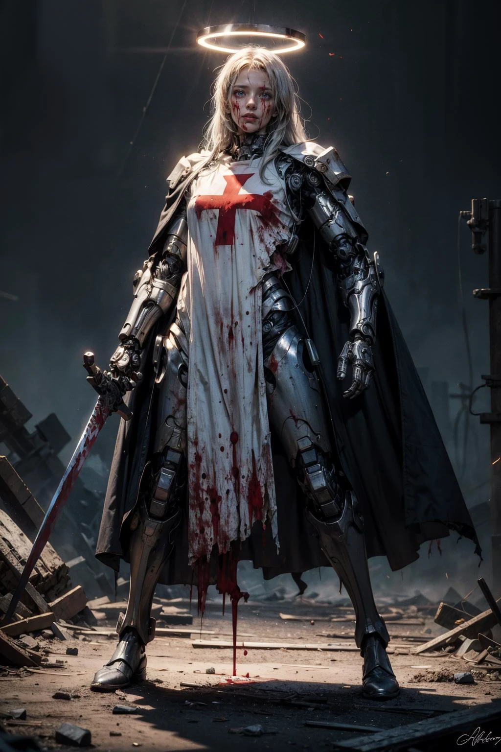 (masterpiece:1.4), (intricate:1.2), (detailed:1.2), (vibrant colors:1.2), BREAK,
(science fiction:1.0), (horror:1.2), (eerie:1.0), (radiant light rays:1.0), (full body:1.0), (dynamic pose:1.2), BREAK,
(1girl:1.4), (cyborg:1.2), (long silverhair:1.0), (white tunic:1.2), (red cross on chest:1.2), (cloak:1.0), <lora:templar:0.8> , (mechanical parts:1.2), <lora:biomanic:0.6> , (blood:1.3), (halo:1.1), (torn clothes:1.0), (fighting:1.2), (holy sword:1.0), BREAK,
(night:1.2), (enemies:1.2), (unholy creatures:1.2)