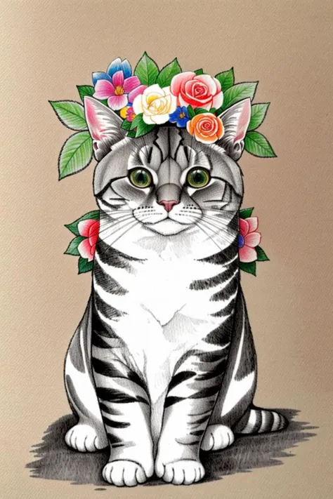a pencil sketch of a cat with a flower crown on its head
