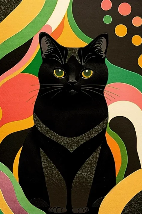 a black cat and colorful background , pattern art
