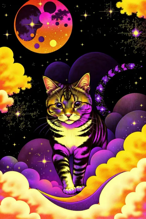 a cat with stars and moon background, pattern art