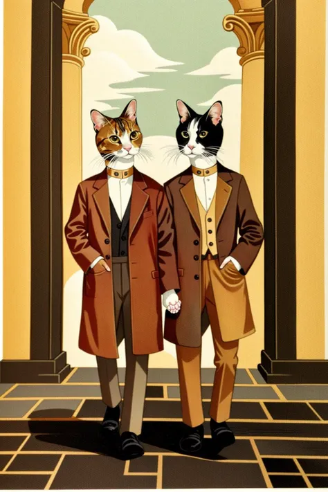 ( a colorful cat and pattern art background), two men in brown coats are walking in front of a wall with paintings