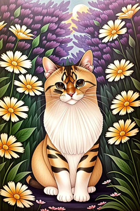 a cat sitting in a field of flowers