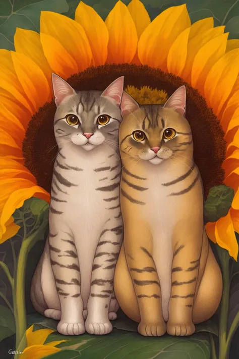 two cats sitting next to each other in front of a sunflower