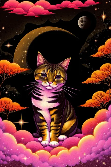 a cat with stars and moon background, pattern art