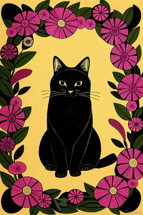 a black cat and colorful background , pattern art