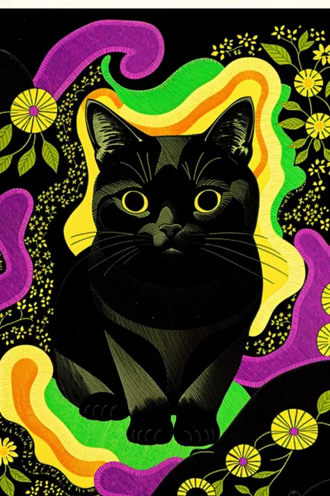 a black cat and colorful background , pattern art
