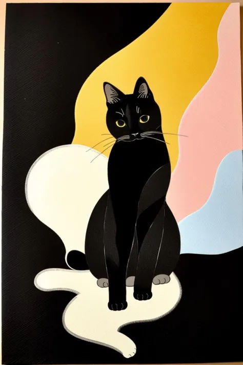 a cat in a black dress and colorful background