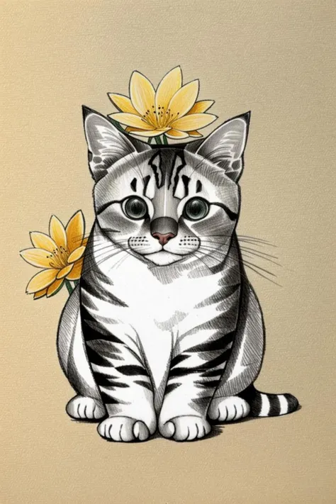 a pencil sketch of   a cat with a flower collar on its head