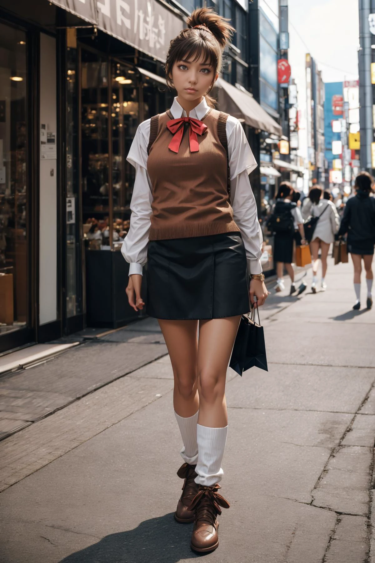 masterpiece, best quality, 18 year old girl, in shopping district, Tokyo Japan, looking at viewer, perfect anatomy, perfect hands, solo focus, ((masterpiece, best quality)), masterpiece, best quality, city, full body, standing, looking at viewer
<lora:zs_Natsuki:1> natsukip3, sweater vest, brown hair, ponytail, brown eyes, dark skin, skirt, loose socks, solo focus, depth of field, telephoto lens, angry eyes, solo, model pose, long legs, cute shoes, modeling,