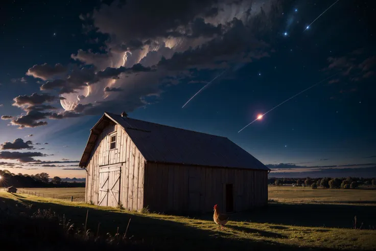 a lone chicken on top of a barn roof, dusk, cosmic, cosmos, sky filled with billions of stars, stardust, blue and purple hues, masterpiece, landscape focus, wide angle, 8k, dusk, moonlit, long exposure, long lens, rim lit,