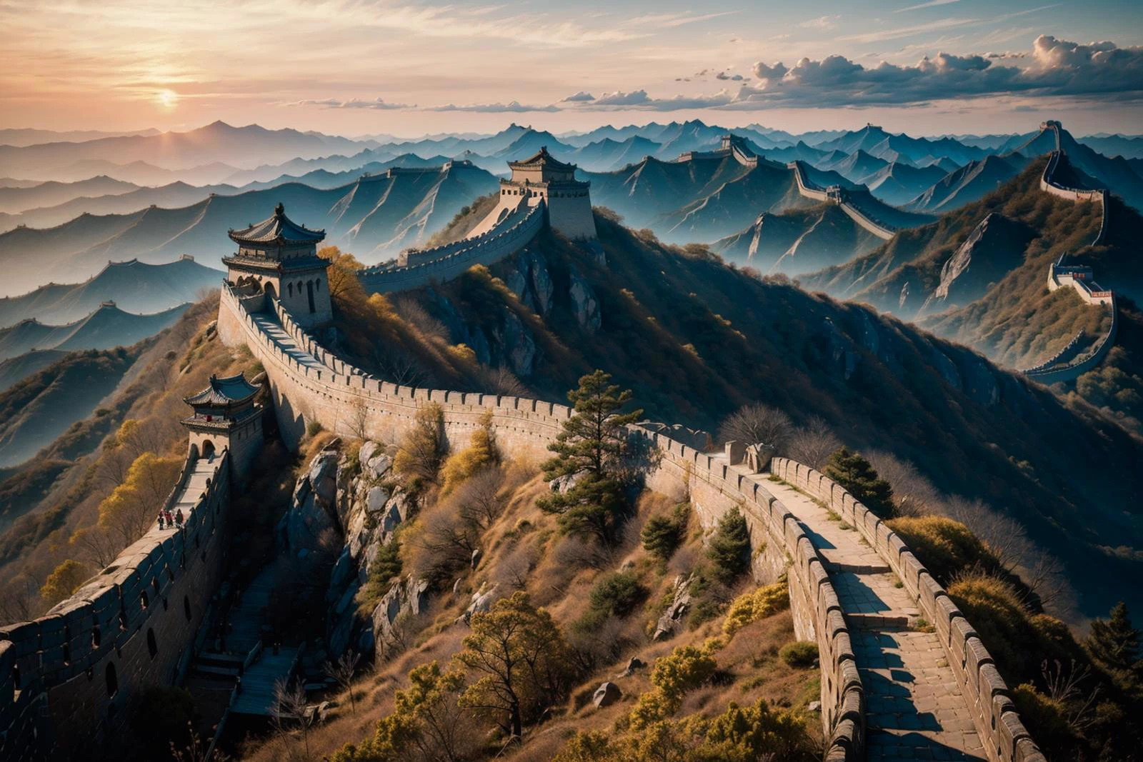 Great wall of china, masterpiece, landscape focus, wide angle, 8k, from above, winding like a dragon, jade accents, sunset,