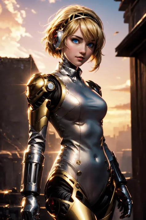 masterpiece, best quality, 19 year old female, sunset, golden hour, shiny metal armor, reflections in mechanical parts, smirk, sexy, ecchi, furrowed brow, showing off, looking at viewer, backlit, godrays, one point perspective,, perfect anatomy, perfect hands, blurry backdrop, depth of field, solo focus, ((masterpiece, best quality)), Persona3Aigis, 1girl, solo, robot, blonde hair, blue eyes, flirty, front view, short hair, A girl falling from the sky,