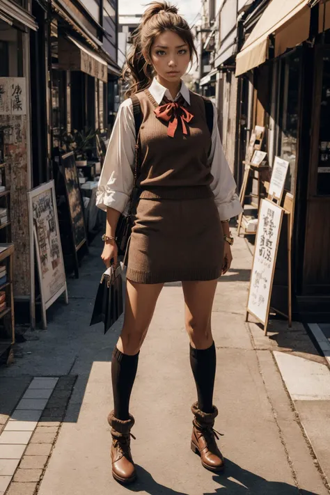 masterpiece, best quality, 18 year old girl, in shopping district, Tokyo Japan, looking at viewer, perfect anatomy,  perfect hands,  solo focus,  ((masterpiece, best quality)), masterpiece, best quality, city, full body, standing, looking at viewer, natsukip3, sweater vest, brown hair, ponytail, brown eyes, dark skin, skirt, loose socks, solo focus, depth of field, angry eyes, solo, model pose, long legs, cute shoes, modeling,