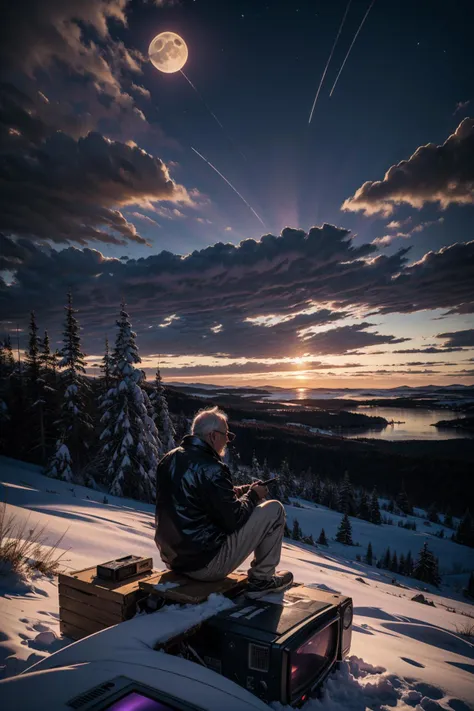 a very old man sitting on top of a mountain of old TV monitors far in the distance, blue and purple hues, masterpiece, landscape focus, wide angle, 8k, dusk, moonlit, long exposure, long lens, rim lit,