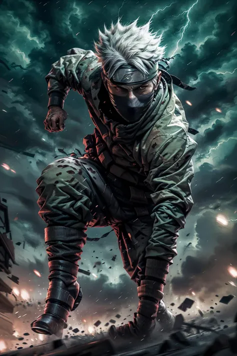 absurdres, (best quality), (masterpiece),(ultra-detailed:1.2),(photorealistic:1.1),(highres), (1boy:1.3), (solo:1.3),In a violent lightning storm,(jumping:1.1),Dynamic ninja pose, bend legs, <lora:kakashi_v2:0.7> kakashi,boots, surrounded by lightning bolts, r1ge,glowing,flying debris, add details, more details, epic quality, epic storm, magic, aura,energy, add detail, ((R1ge)), very tall hair, face mask, mask over bottom half of face,