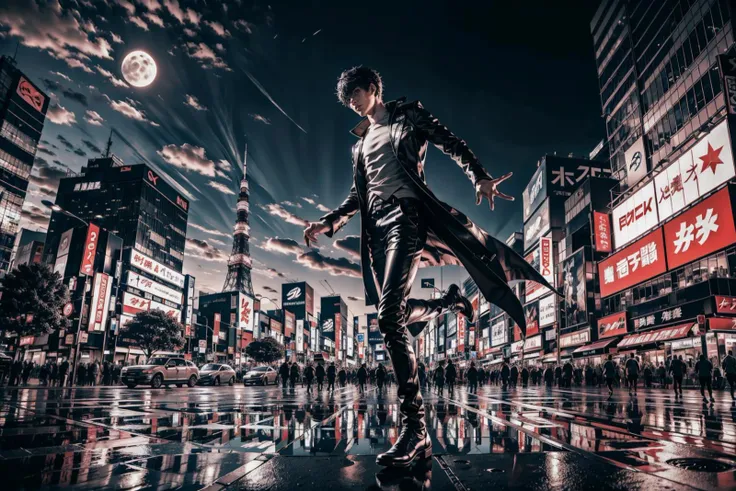 1boy, smiling, parted lips, japan city lights below, tokyo tower, full moon, lowra, moonlit, volumetric lighting, (TALL), ((skinny and Long legs)), thin waist, masterpiece:1, best quality, highly detailed, quality, persona, volumetric lighting, intricate details, tonemapping, sharp focus, hyper detailed, absurdres, (best quality), ray tracing,
AmamiyaRen, black coat, black pants, black shirt, red gloves, perfect eyes:1, shot from afar, wide angle shot, amamiyaRen is running fast, panoramic shot, landscape focus, tall buildings, action pose, running, side view,