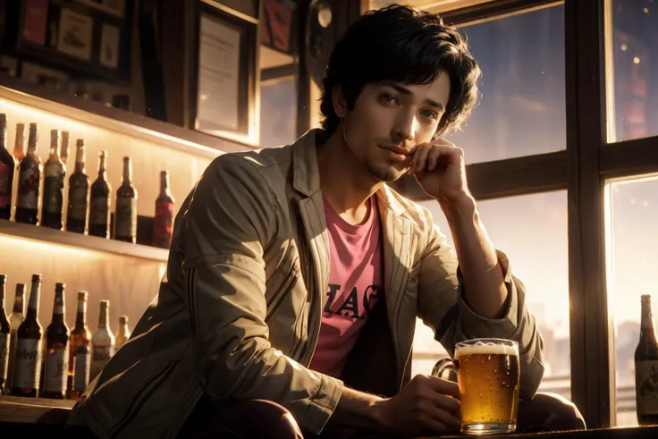 masterpiece, best quality, 30 year old man, sitting in a bar holding up a large mug of beer by a handle, golden hour, shiny, reflections in glass, Happy smirk, backlit, godrays, one point perspective, perfect anatomy, perfect hands, solo focus, ((masterpiece, best quality)), front view, vincentp3, black hair, afro, stubble, jacket, pink shirt, heart, pants