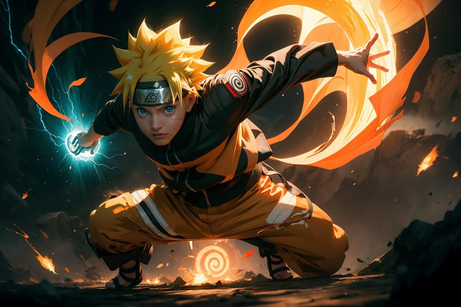 masterpiece, best quality, ultra high res, beautiful, visually stunning, elegant, incredible details,  award-winning painting, (dark art:1.1), heavy shadows, dynamic, visually striking, deep shadow, (bright orange flame theme:1.2), glowing, aura, energy, beam, flying debris, [serious|angry], floating hair, 1boy, ((uzumaki naruto)), bright blonde hair, 1boy,male focus, (glowing Rasengan), masterpiece, best quality,(action shot), looking at viewer, shadow and light, konohagakure symbol, blue eyes, fighting, swirling bolts of lightning coming expanding out of the center, glowing eyes, glowing energy, GlowingRunes_yellow, character mostly in shadow, heavy ink, swirls of energy and shadows,