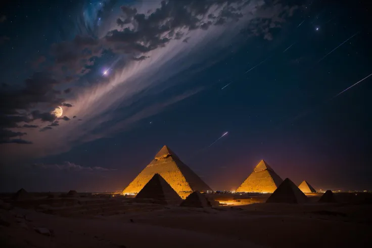 The great pyramids of giza, dusk, cosmic, cosmos, sky filled with billions of stars, stardust, blue and purple hues, masterpiece, landscape focus, wide angle, 8k, dusk, moonlit, long exposure,