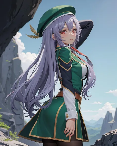 best quality, (masterpiece:1.2), illustration, absurdres,
(1girl, solo), (beautiful detailed girl),
<lora:Aeolia-07:0.7>, Aeolia, lilac hair, long hair, red eyes, medium breasts,
green hat, hat with feather ornament, green dress, green coat,
green outfit, black_pantyhose, white shirt, brown shorts, fleece lined boots, brown boots,
(inside a mysterious mystical cave with colorful plants), (fantasy:1.2), (floating dust particles) (stalagmites and rock formations), sky and clouds visible from hole in roof, godrays, raytracing,
arms behind head,
from behind,,
looking at viewer, happy